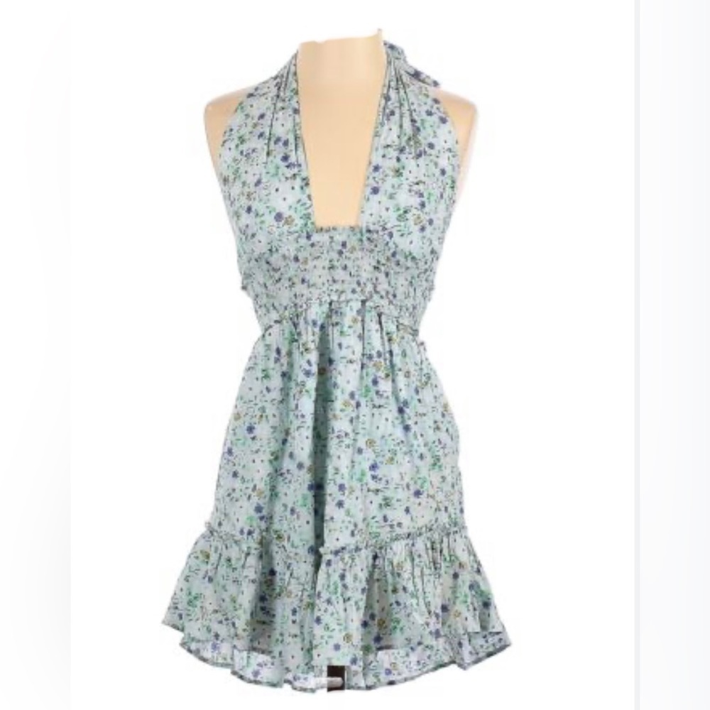 AERIE floral cotton dress backless halter size XL elastic waist ruffle hem